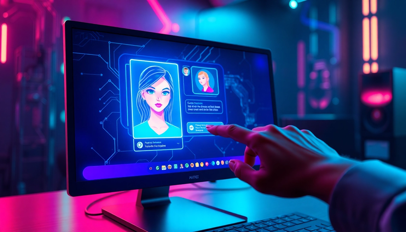 Futuristic AI chat interface featuring a seductive female avatar on a neon-lit computer screen.