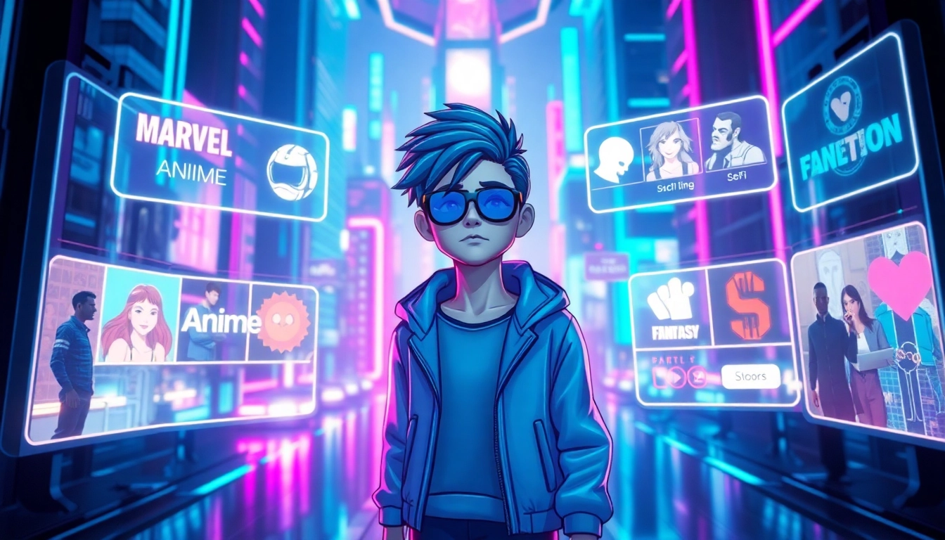 Futuristic avatar interacting with holographic social media interfaces surrounded by fandom icons and neon cityscape.