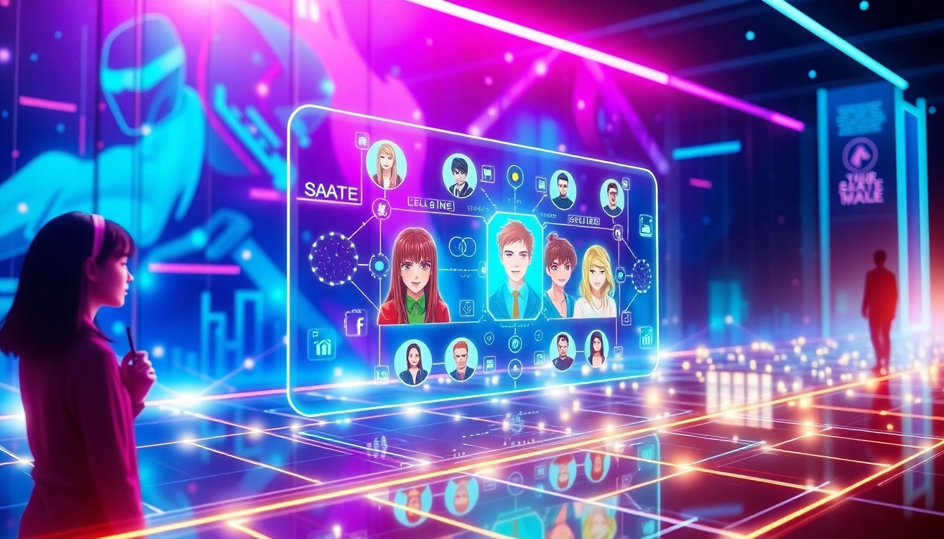 Futuristic digital social media universe with avatars and neon lights