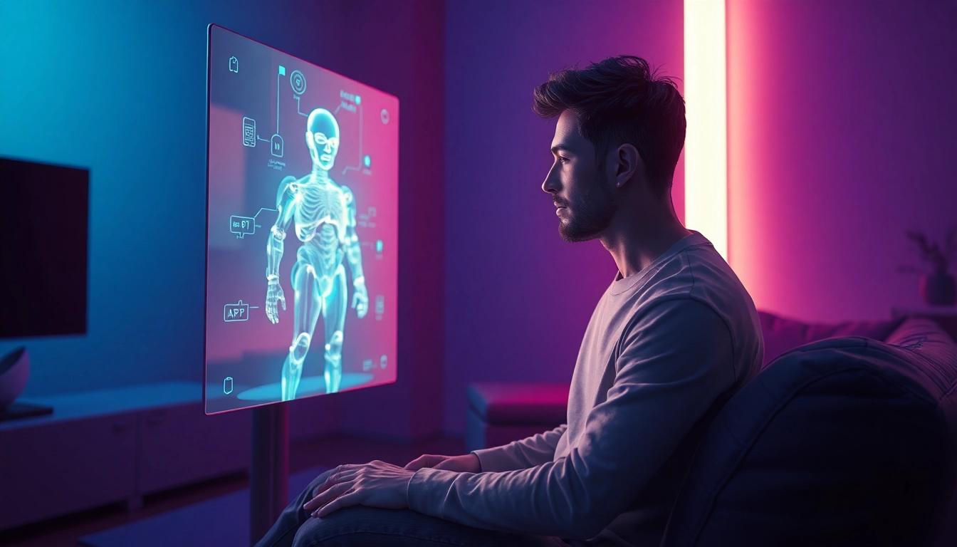 A person interacting with a holographic AI character in a futuristic, dimly lit room with vibrant blue and purple lighting.