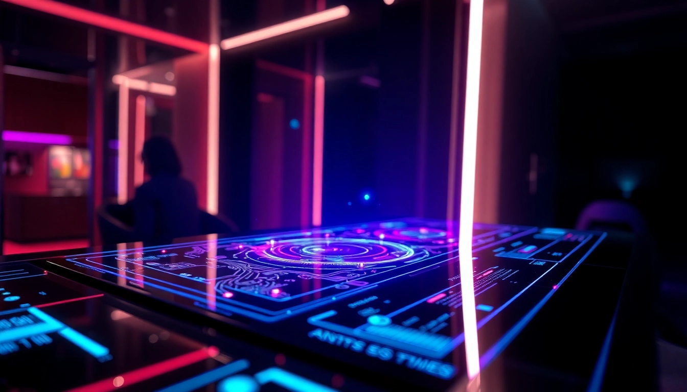 Futuristic AI interface with holographic data streams and neon lighting in a sleek digital environment.