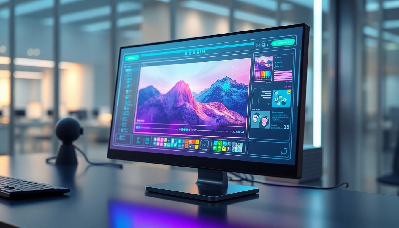 Futuristic AI workspace with holographic image editing interface illuminated in neon colors