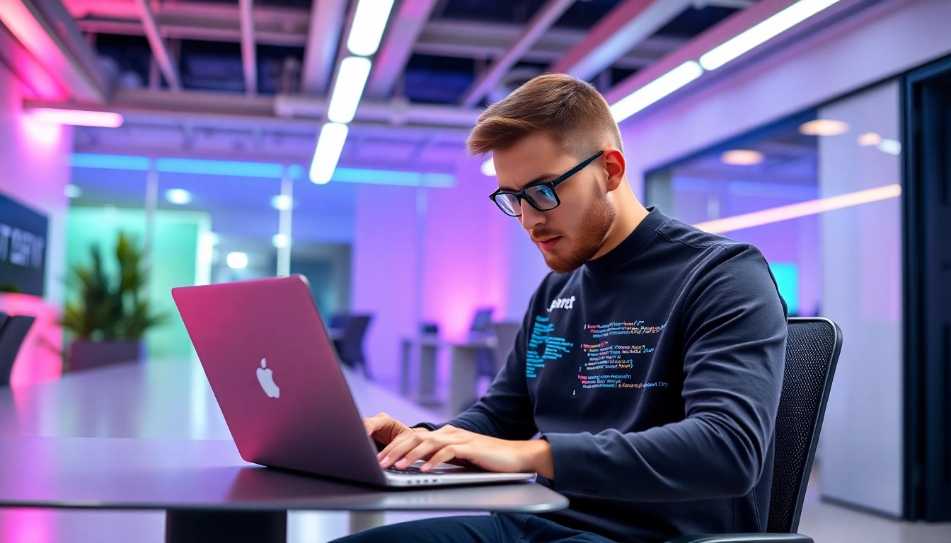React developer coding in a modern workspace for freelance tech projects