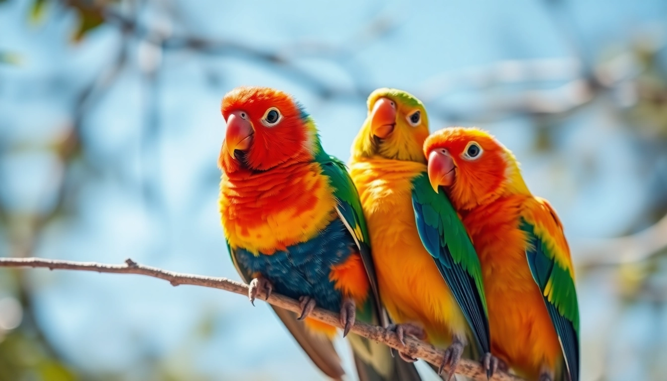 Photograph of lively pet birds sitting on a branch showcasing their vibrant feathers and